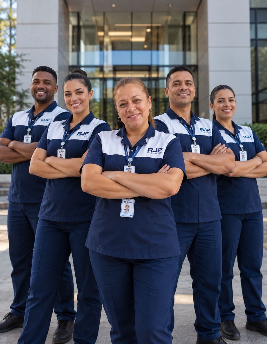 Equipe da RJP Facilities uniformizada e identificada com crachás, em frente a um edifício comercial